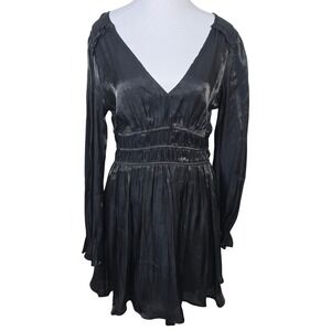 Heart & Heels Black Shimmer Smocked Waist V-Neck Long Sleeve Mini Dress XL
